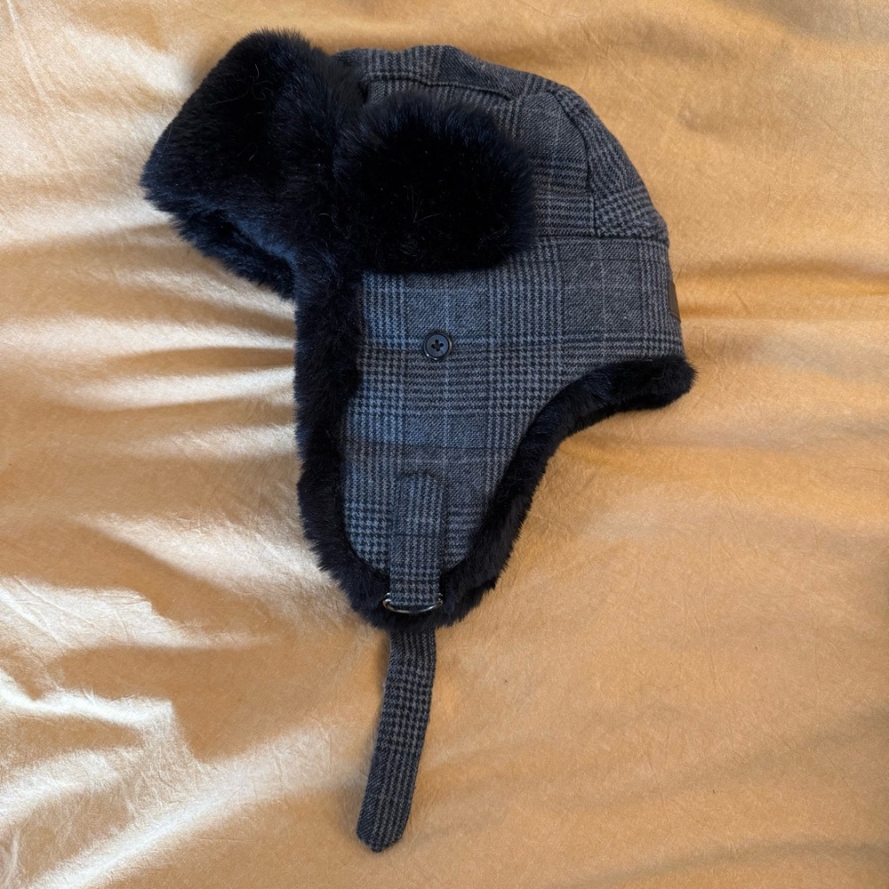 Gray Plaid Trapper Hat with Black Fur